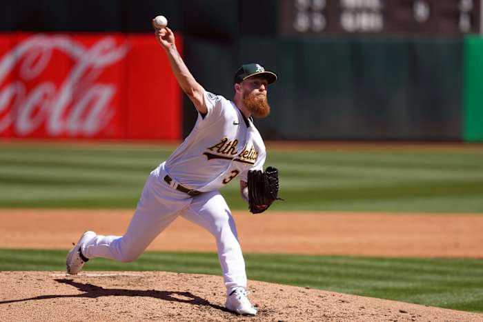 Apr 1, 2023; Oakland, California, USA; Oakland Athletics starting pitcher Adam Oller (36) throws a pitch against the Los Angeles Angels during the third inning at RingCentral Coliseum.